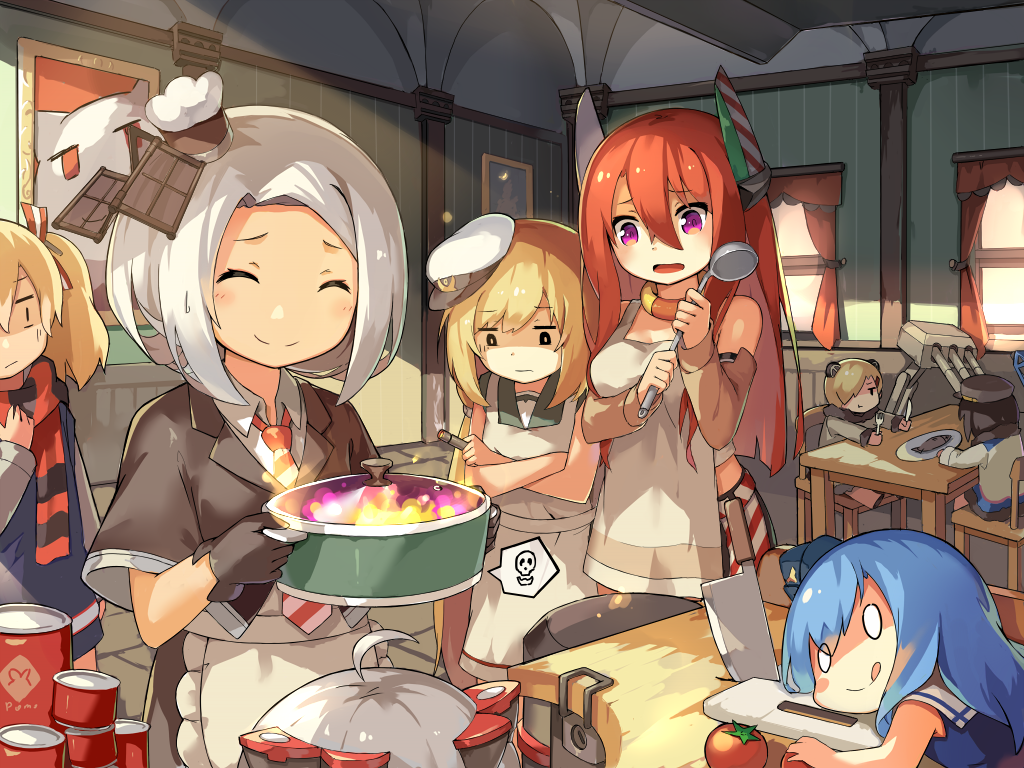 6+girls, :q, admiral_scheer_(warship_girls_r), ahoge, annoyed, apron, aviere_(warship_girls_r), bad_food, bare_shoulders, black_gloves, blonde_hair, blue_hair, blue_sweater, can, canned_food, cannon, chair, chef_hat, chibi, closed_eyes, closed_mouth, cooking, crossed_arms, curtains, cutting_board, fish, flat_cap, fork, garrison_cap, gloves, glowworm_(warship_girls_r), graf_spee_(warship_girls_r), hair_ornament, hair_ribbon, hairclip, hat, headwear_request, holding, hotpot, indoors, knife, ladle, lifebuoy, lino-lin, long_hair, looking_at_another, looking_down, low_twintails, lying, multiple_girls, necktie, official_art, on_stomach, open_mouth, peaked_cap, picture_frame, plate, pot, purple_eyes, quincy_(warship_girls_r), red_hair, red_necktie, ribbon, ryuujou_(warship_girls_r), scarf, ship_turret, shirt, short_hair, sitting, sleeveless, smile, smoking, standing, striped_clothes, striped_necktie, striped_neckwear, striped_scarf, sukhbaatar_(warship_girls_r), sweatdrop, sweater, sweater_vest, swim_ring, table, tin_can, tomato, tongue, tongue_out, torpedo, twintails, vittorio_veneto_(warship_girls_r), warship_girls_r, white_hair, white_hat, white_shirt, window, wooden_chair, wooden_table, worried