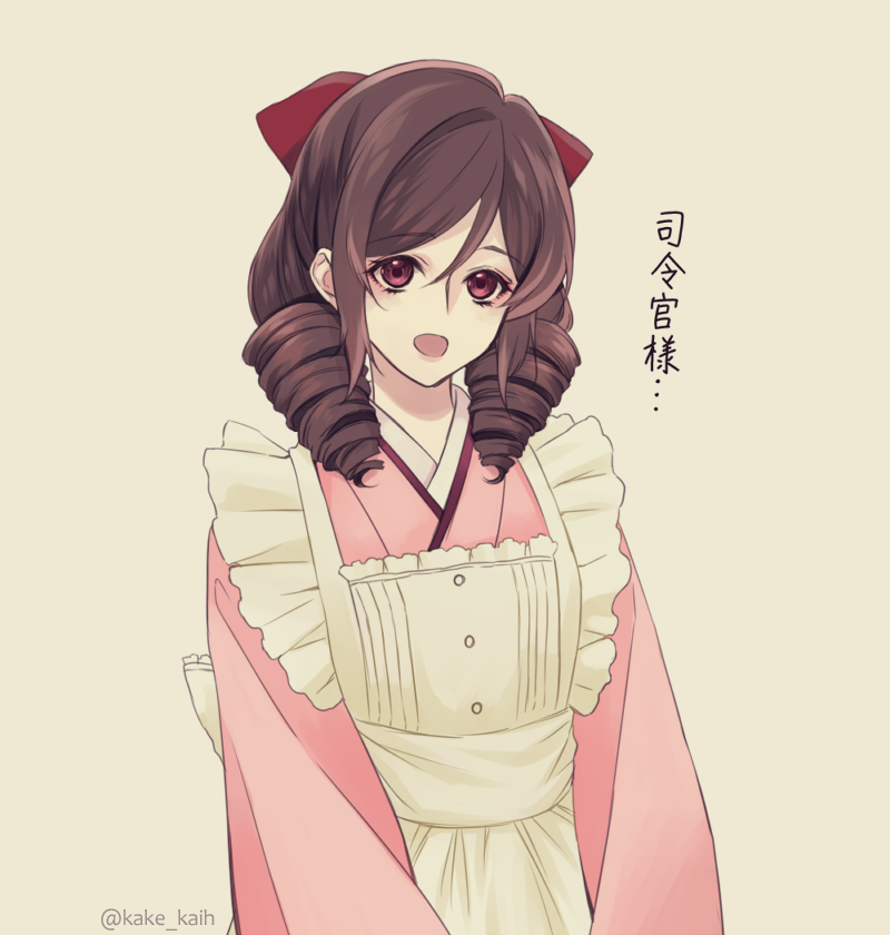 10s, 1girl, apron, bad_id, bad_pixiv_id, bow, brown_hair, buttons