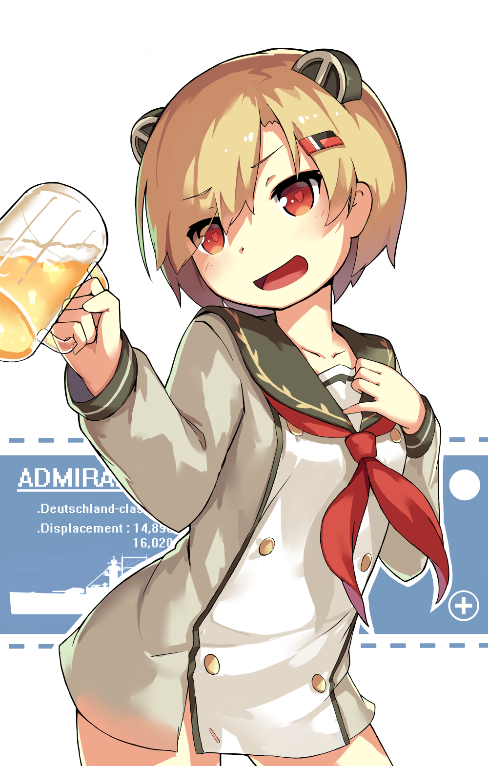 1girl, :d, alcohol, arm_up, beer, beer_mug, blonde_hair, blush