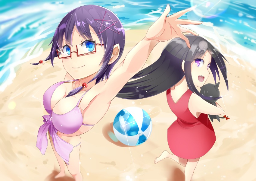 2girls, absurdres, bare_shoulders, bikini, black_hair, blue_eyes, blush, bra