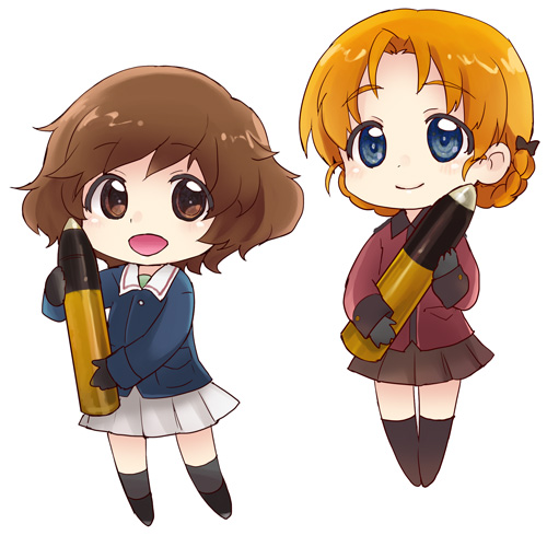 10s, 2girls, akiyama_yukari, ammunition, black_footwear, black_gloves, black_skirt, blue_eyes