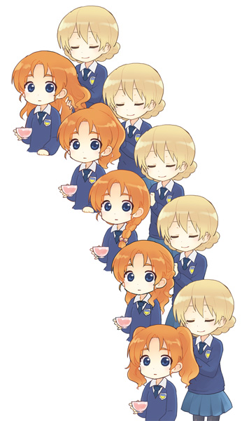 10s, 2girls, adjusting_another's_hair, alternate_hairstyle, black_legwear, blonde_hair, blue_eyes, blue_skirt