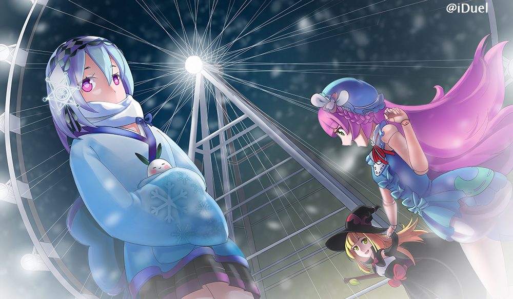 3girls, :d, blonde_hair, bow, doll_joints, duel_monster, ferris_wheel, ghostrick_doll