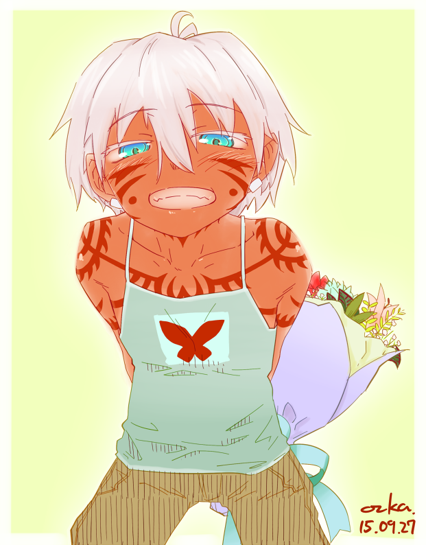 1girl, arms_behind_back, artist_name, blue_eyes, bouquet, colored_eyelashes, dark_skin, dark-skinned_female