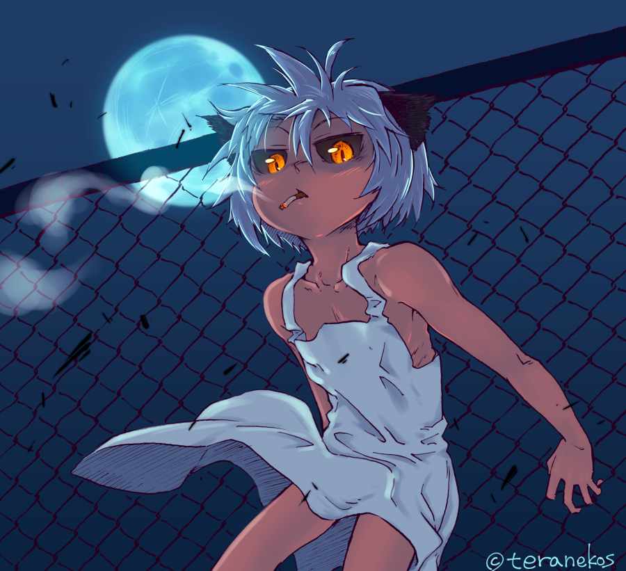 1girl, animal_ears, black_sclera, borrowed_character, chain-link_fence, cigarette, colored_sclera, dark_skin, dark-skinned_female, female_focus, fence, moon, original, outdoors, ozka, slit_pupils, smoking, solo, tatari_(teranekosu), yellow_eyes