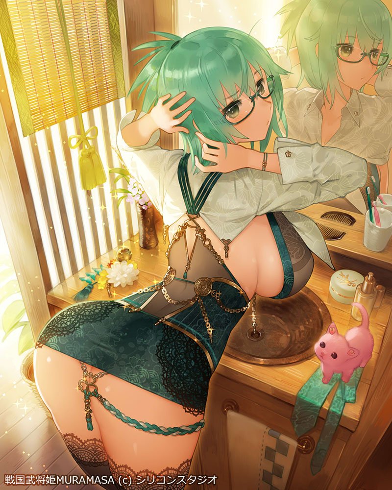 1girl, adjusting_hair, ass, bathroom, black_thighhighs, breasts, convenient_censoring, corset, female_focus, floral_print, folded_ponytail, from_behind, green_eyes, green_hair, green_skirt, hair_ornament, heart, indoors, jewelry, large_breasts, leaning_forward, lips, looking_at_viewer, matching_hair/eyes, microskirt, mirror, necktie, no_panties, official_art, original, reflection, sengoku_bushouki_muramasa, skirt, solo, suspenders, thighhighs, thighs, towel, underboob, watermark, wooden_floor, zhuzi