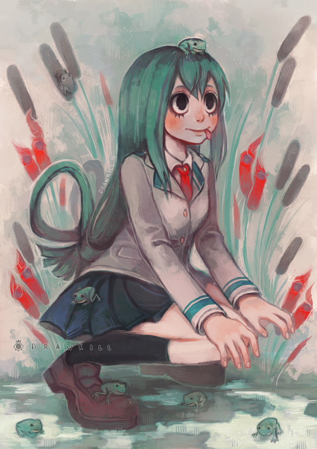 10s, 1girl, :p, animal, animal_on_head, artist_name, asui_tsuyu, black_eyes, black_skirt, black_socks, blazer, boku_no_hero_academia, breasts, buttons, closed_mouth, collared_shirt, drawkill, eyelashes, female_focus, frog, full_body, green_hair, grey_jacket, hair_rings, jacket, kneehighs, loafers, long_hair, long_sleeves, looking_afar, low-tied_long_hair, miniskirt, necktie, no_pupils, on_head, pleated_skirt, purple_shoes, red_necktie, shirt, shoes, skirt, smile, socks, solo, squatting, tongue, tongue_out, very_long_hair, white_shirt, wing_collar