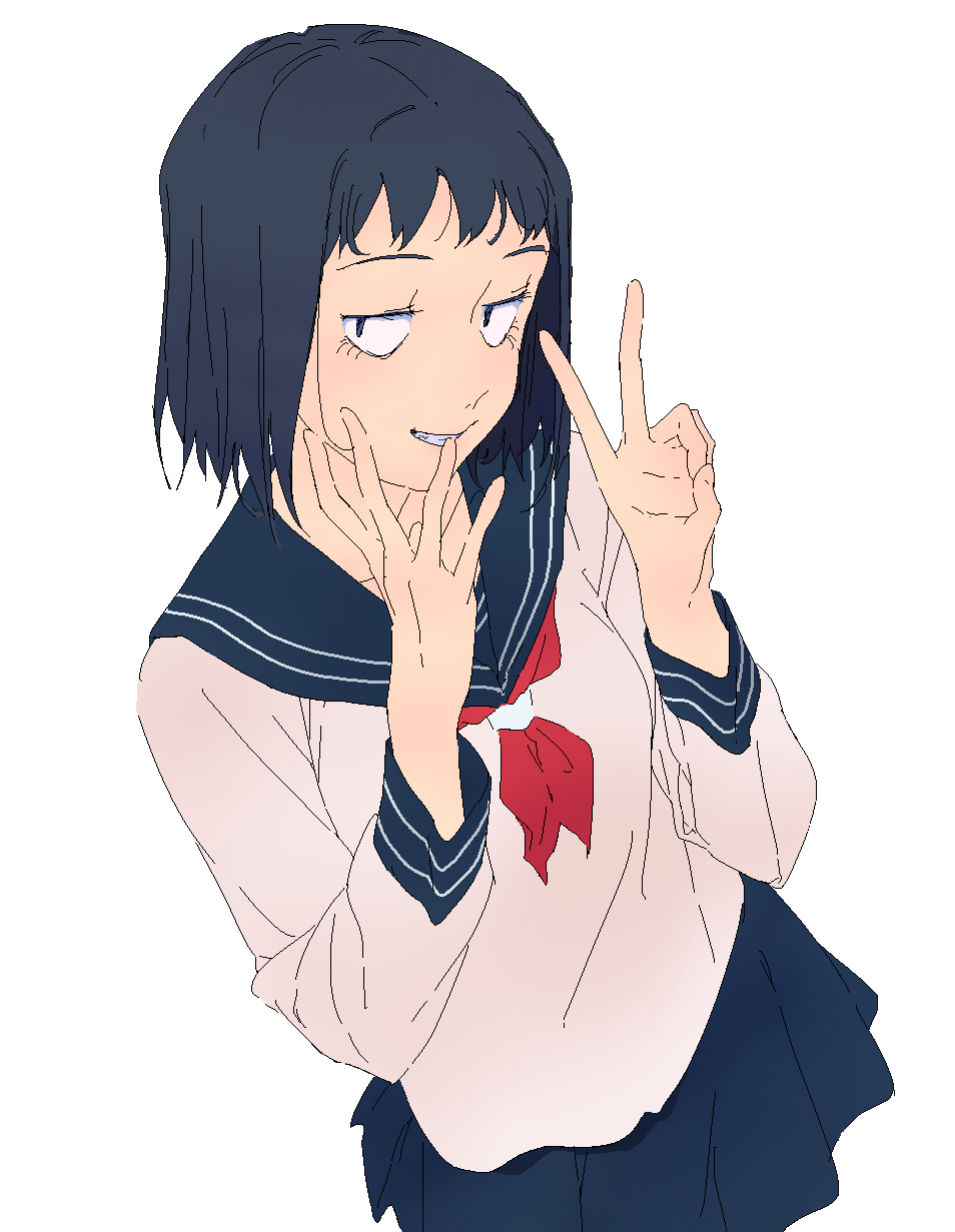 10s, 1girl, bad_id, bad_pixiv_id, black_hair, blue_eyes, blue_skirt, collarbone, constricted_pupils, eyelashes, female_focus, flat_color, grin, highres, kotobukidaifuku, kurata_tome, long_sleeves, miniskirt, mob_face, mob_psycho_100, school_uniform, serafuku, short_hair, simple_background, skirt, smile, solo, v, white_background