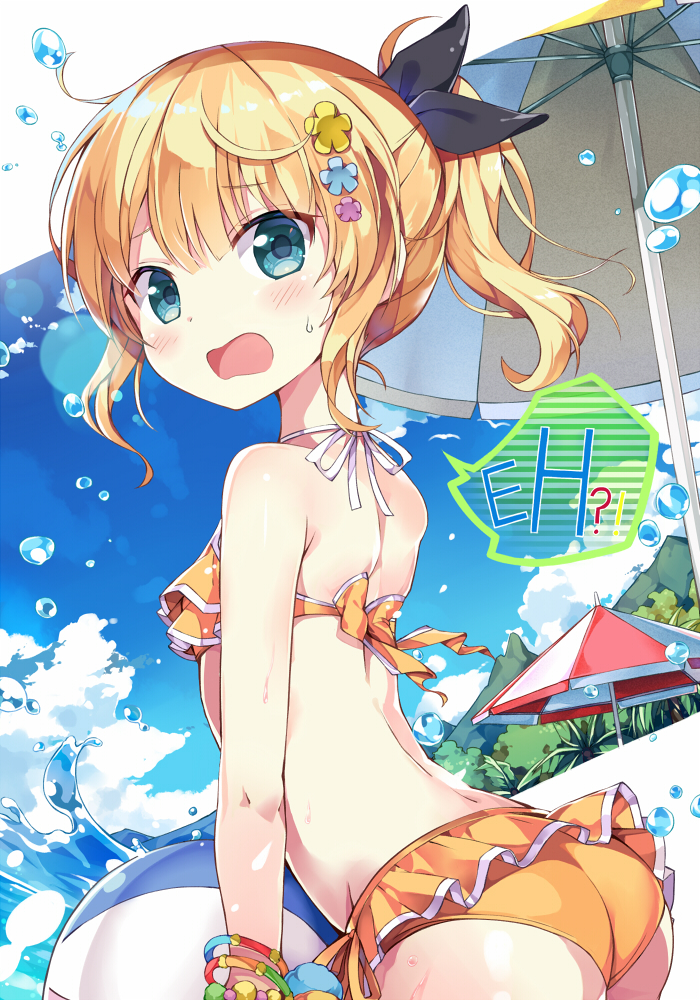 1girl, ass, ball, beach, beach_umbrella, beachball, bikini, blonde_hair