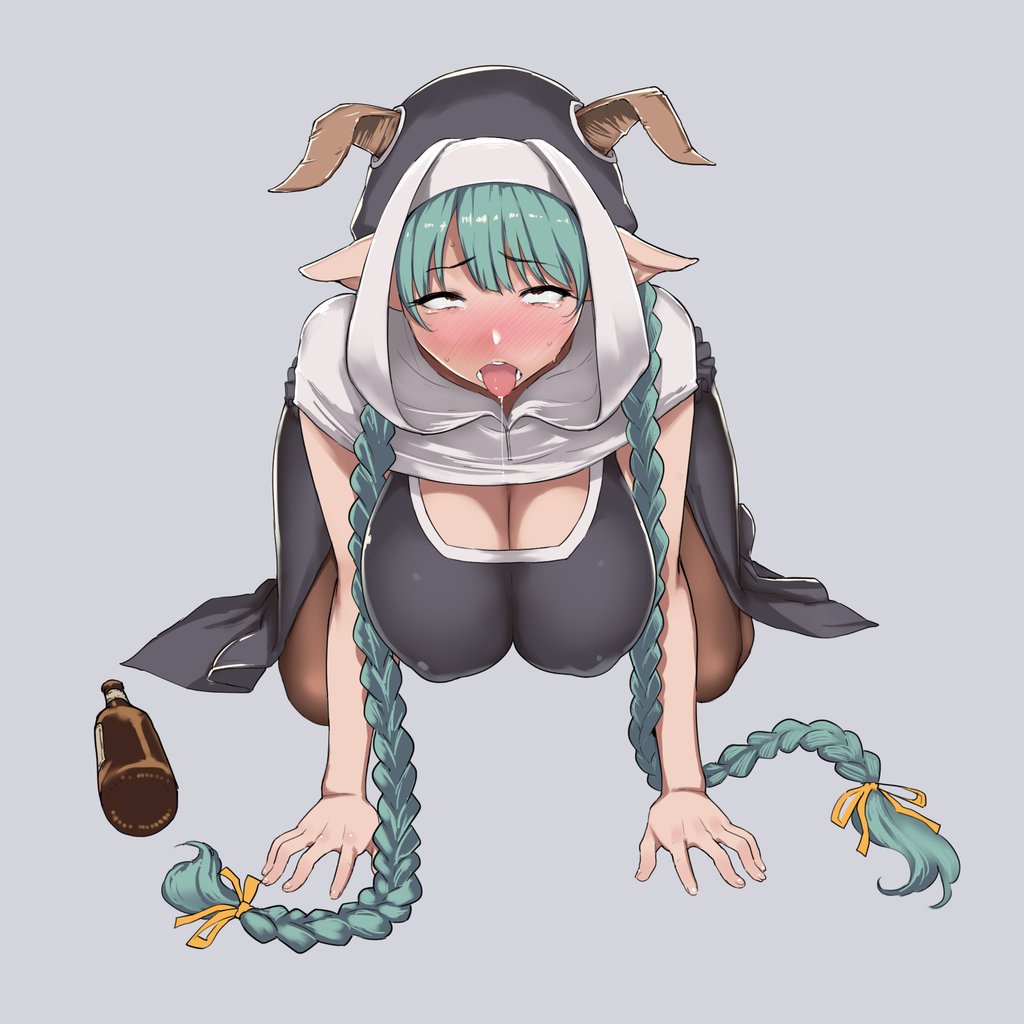 10s, 1girl, ahegao, all_fours, aqua_hair, blush, braid, breasts, cleavage, drunk, covered_erect_nipples, female_focus, granblue_fantasy, grey_background, hanging_breasts, huge_breasts, large_breasts, long_hair, meme50, nun, open_mouth, pantyhose, pointy_ears, rumredda, simple_background, solo, tears, tongue, twin_braids