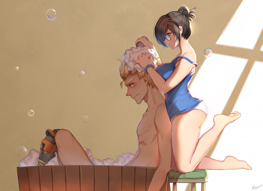 1boy, 1girl, bare_shoulders, barefoot, bead_bracelet, beads, black-framed_eyewear, blonde_hair