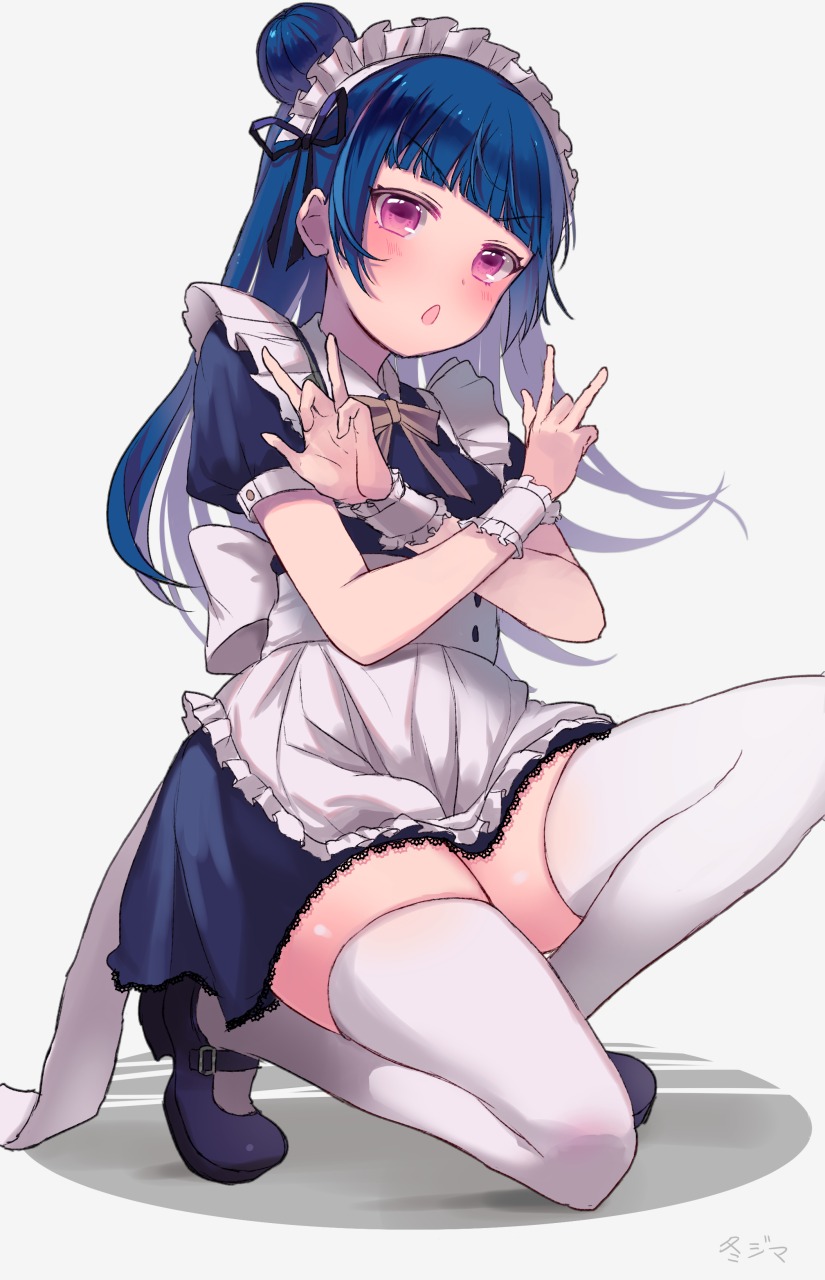 10s, 1girl, :o, apron, blue_hair, blush, female_focus, frills