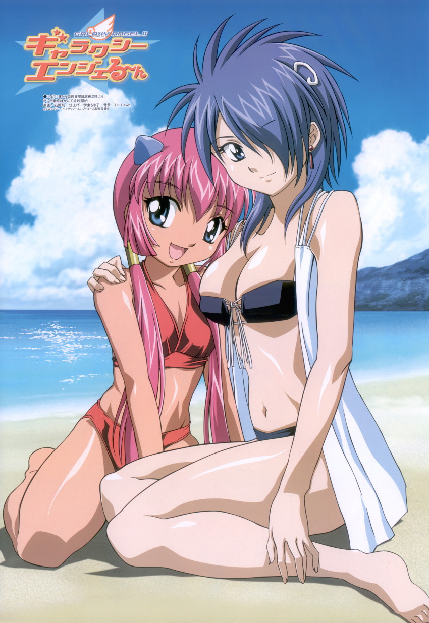 00s, 2girls, absurdres, anise_azeat, barefoot, bikini, blue_hair, breasts, broccoli_(company), cleavage, day, earrings, front-tie_top, galaxy_angel, galaxy_angel_rune, hair_ornament, hair_over_one_eye, hairclip, highres, hug, ishino_satoshi, jewelry, lily_c._sherbet, magazine_scan, medium_breasts, megami_magazine, multiple_girls, ocean, outdoors, pink_hair, red_hair, scan, smile, swimsuit, tan, twintails