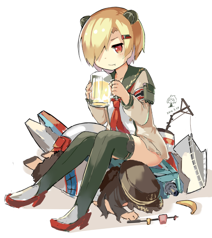 2girls, :t, alcohol, annoyed, armband, banana, beer, beer_mug