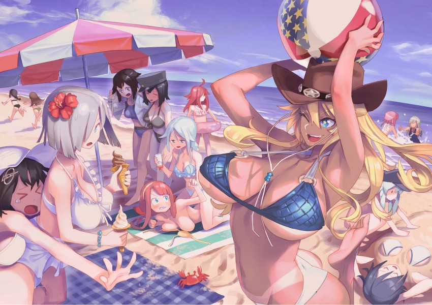 >_<, 10s, 6+girls, akitsu_maru_(kancolle), alternate_costume, alternate_skin_color, american_flag, arms_up