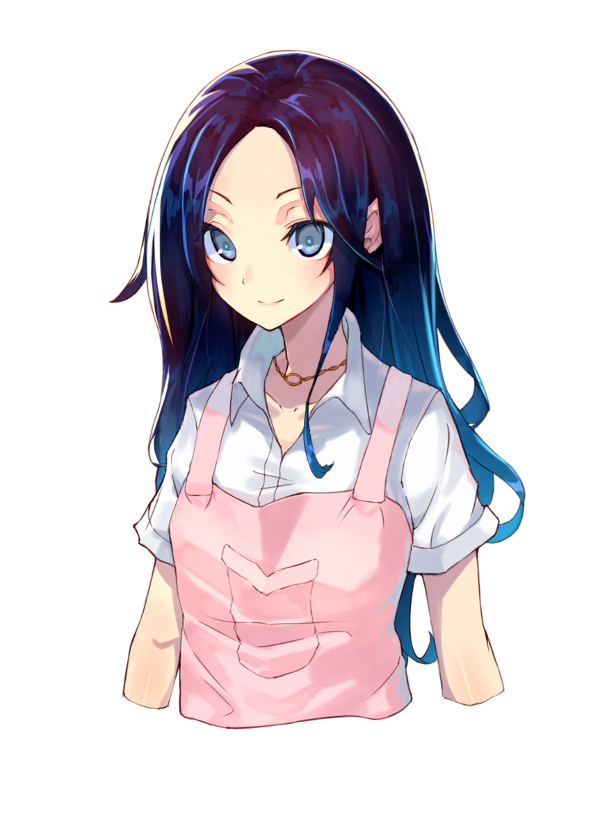 1girl, absurdres, apron, black_hair, blue_eyes, blue_hair, collarbone, cropped_torso