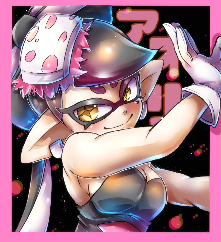 +_+, 1girl, bare_shoulders, black_background, black_dress, black_hair, blush, bow, breasts, callie_(splatoon), callie_(squid_sisters_outfit)_(splatoon), character_name, cleavage, close-up, dress, earrings, enshima_akira, female_focus, food, food_on_head, gloves, hair_bow, hat, inkling, jewelry, long_hair, looking_at_viewer, mole, mole_under_eye, nintendo, object_on_head, pointy_ears, smile, solo, splatoon_(series), splatoon_1, strapless, symbol-shaped_pupils, tentacle_hair, tentacles, thick_eyebrows, upper_body, white_gloves, yellow_eyes