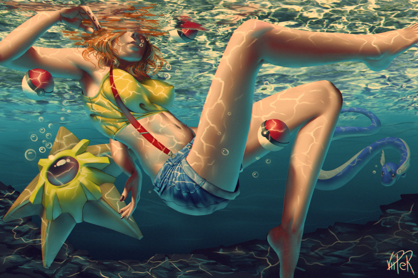 1girl, absurdres, armpits, barefoot, breasts, breasts_apart, bubble, caustics, chromatic_aberration, covered_erect_nipples, crop_top, denim, denim_shorts, dragonair, feet, floating, gen_1_pokemon, head_out_of_frame, highres, huge_filesize, midriff, misty_(pokemon), navel, nintendo, orange_hair, partially_submerged, poke_ball, pokemon, pokemon_(anime), pokemon_(classic_anime), pokemon_(creature), short_shorts, shorts, staryu, stomach, suspenders, swimming, toes, underwater, underwear, viiperart, water