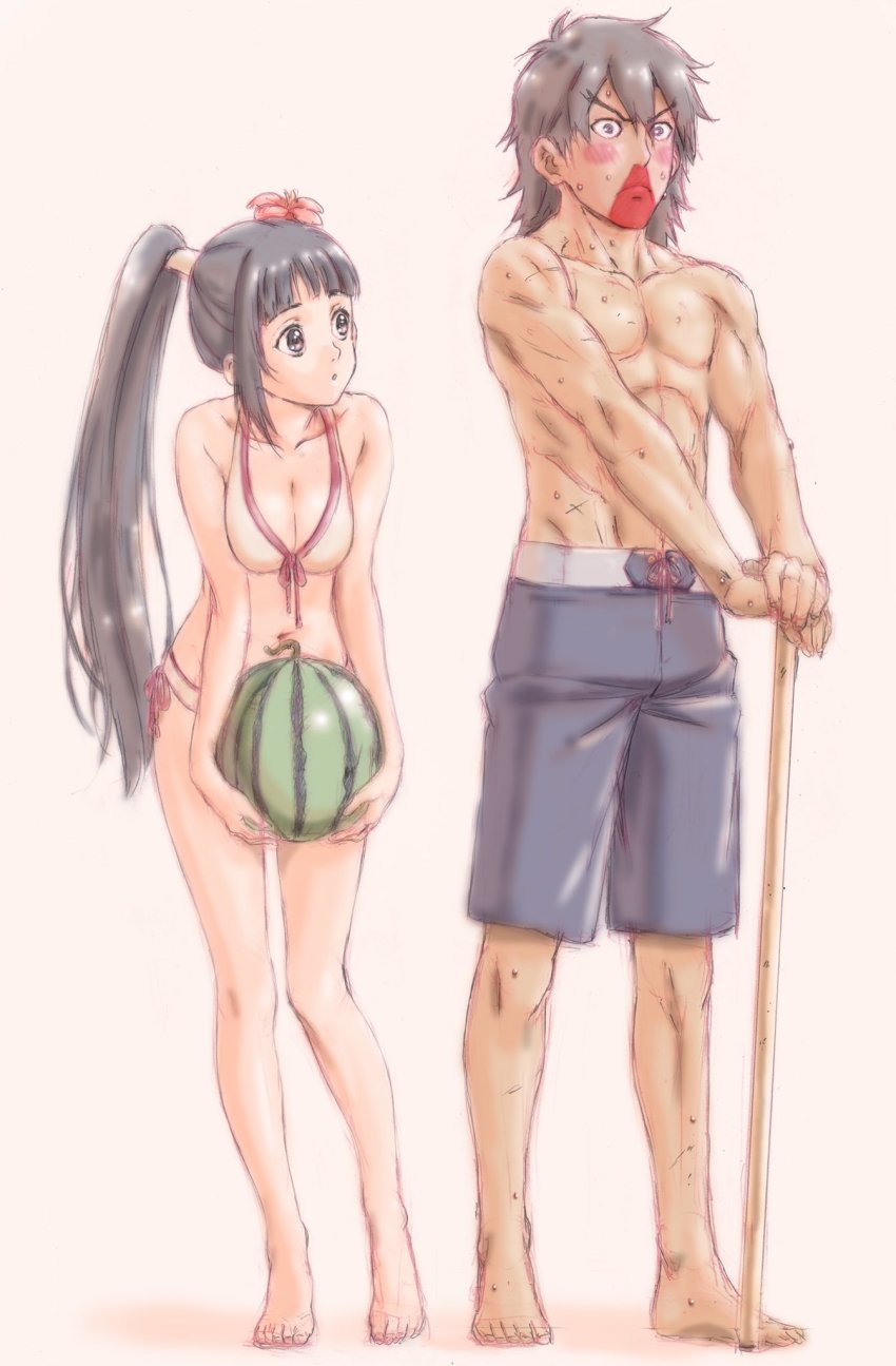 >:(, 10s, 1boy, 1girl, alternate_hairstyle, asano_kyouji, barefoot, bikini