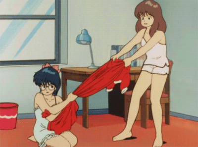 2girls, angry, animated, animated_gif, barefoot, blue_hair, brown_hair, bucket, chair, desk, dress, feet, fight, frills, glasses, kasuga_kurumi, kasuga_manami, kimagure_orange_road, lamp, long_hair, lowres, multiple_girls, pajamas, pulling, room, short_hair, shorts, table, tug_of_war, window