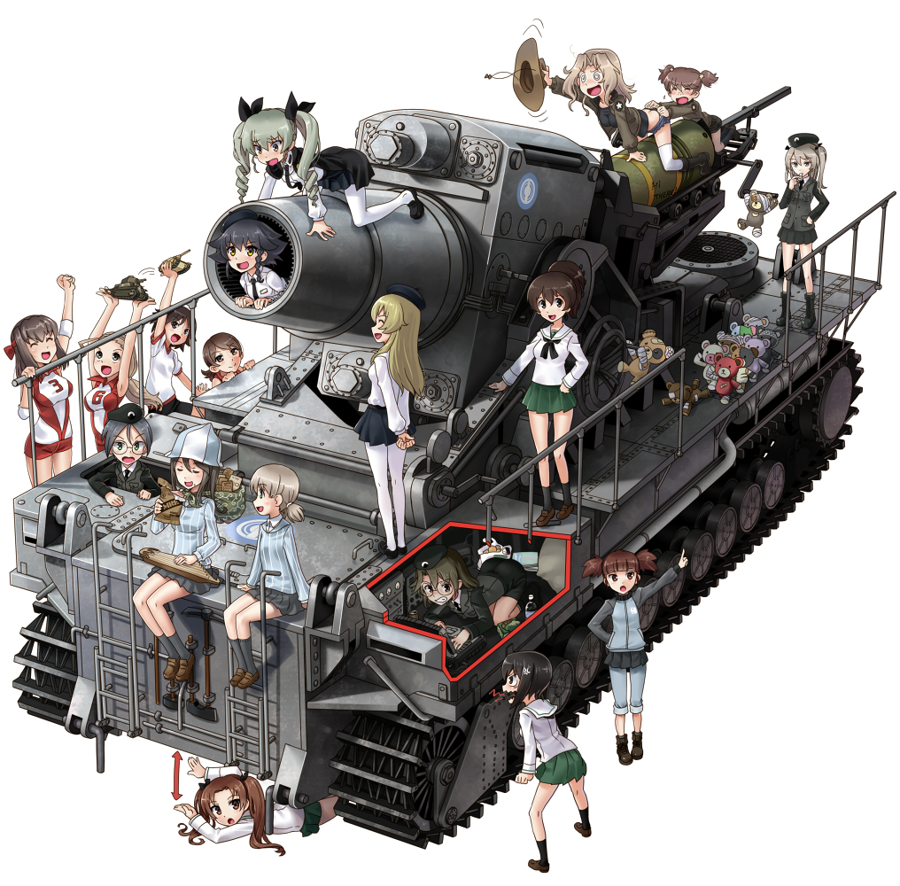 10s, 6+girls, 600mm_concrete-piercing_shell, @_@, aki_(girls_und_panzer), alisa_(girls_und_panzer), ammunition, anchovy_(girls_und_panzer), artillery, ass, black_hair, boko_(girls_und_panzer), breasts, brown_eyes, brown_hair, butt_crack, cannon, carpaccio_(girls_und_panzer), dr._strangelove, emblem, extra, field_ration, girls_und_panzer, girls_und_panzer_gekijouban, isobe_noriko, kadotani_anzu, karl-gerat, katahira_masashi, kawanishi_shinobu, kawashima_momo, kay_(girls_und_panzer), kondou_taeko, koyama_yuzu, long_hair, mika_(girls_und_panzer), mikko_(girls_und_panzer), military, military_vehicle, mortar_(weapon), motor_vehicle, multiple_girls, ooarai_school_uniform, pantyhose, parody, pepperoni_(girls_und_panzer), rifling, rumi_(girls_und_panzer), sasaki_akebi, school_uniform, selection_university_military_uniform, self-propelled_artillery, self-propelled_mortar, serafuku, shell_(projectile), shimada_arisu, short_hair, siege_artillery, siege_weapon, stuffed_toy, tank, thighhighs, tulip_hat, white_legwear, x-ray