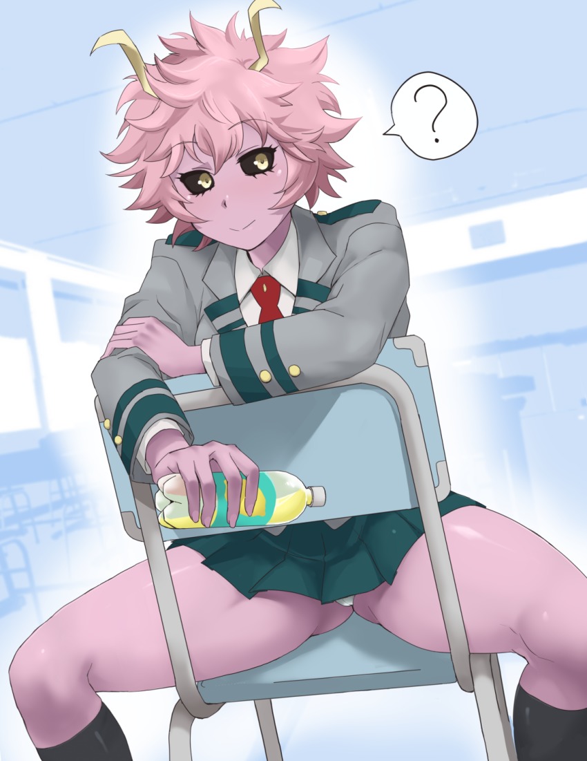 10s, 1girl, :>, ?, ashido_mina, bad_anatomy, bad_leg, black_sclera, black_socks, blazer, blush, boku_no_hero_academia, bottle, breasts, chair, classroom, closed_mouth, collared_shirt, colored_sclera, colored_skin, drink, eyebrows, eyelashes, female_focus, grey_jacket, hand_on_own_arm, highres, horns, indoors, jacket, juice, kneehighs, lemonade, long_sleeves, looking_at_viewer, messy_hair, minakami_(flyingman555), miniskirt, nail_polish, necktie, outline, panties, pantyshot, pink_hair, pink_nails, pink_skin, pleated_skirt, red_necktie, school, school_chair, school_uniform, shirt, short_hair, sitting, sitting_backwards, skirt, smile, socks, solo, spoken_question_mark, spread_legs, thighs, underwear, white_panties, white_shirt, yellow_eyes