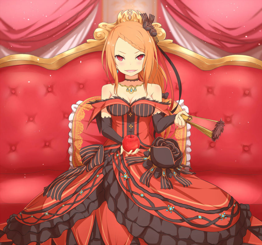 10s, 1girl, apple, bare_shoulders, blush, braid, braided_bangs, breasts