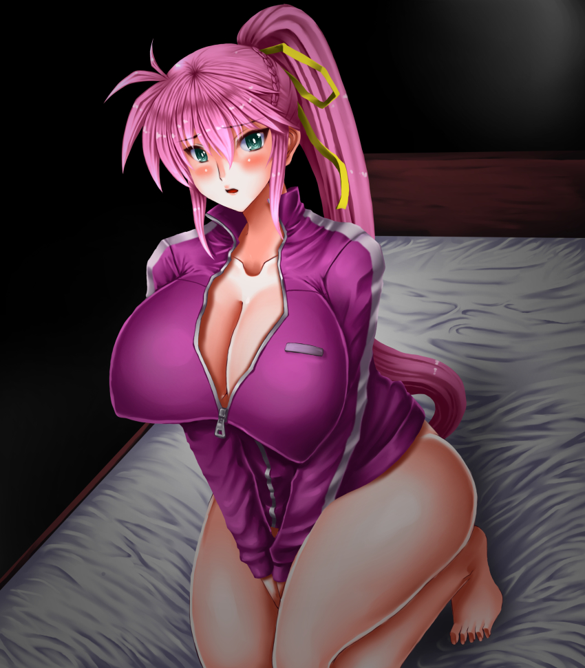 00s, 1girl, barefoot, bed_sheet, between_legs, blue_eyes, blush, breasts, cleavage, covered_erect_nipples, female_focus, from_above, gao_(naodayo), highres, jacket, large_breasts, long_hair, looking_at_viewer, lyrical_nanoha, mahou_shoujo_lyrical_nanoha, mahou_shoujo_lyrical_nanoha_strikers, no_pants, on_bed, open_mouth, pink_hair, ponytail, signum, sitting, solo, track_jacket, v_arms, wariza