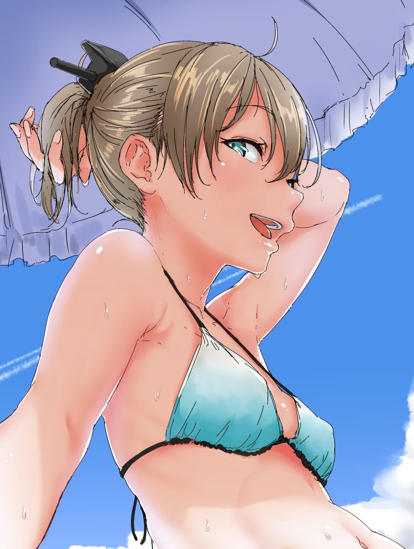 10s, 1girl, absurdres, aoi_tiduru, aqua_eyes, bare_shoulders, bikini, blue_bikini, blue_sky, blush, breasts, brown_hair, chizurusou_(tiduru_39), cloud, collarbone, commentary_request, day, female_focus, hair_ornament, highres, kantai_collection, kumano_(kancolle), looking_at_viewer, navel, open_mouth, outdoors, ponytail, short_hair, short_ponytail, sitting, sky, small_breasts, smile, solo, sweat, swimsuit, upper_body