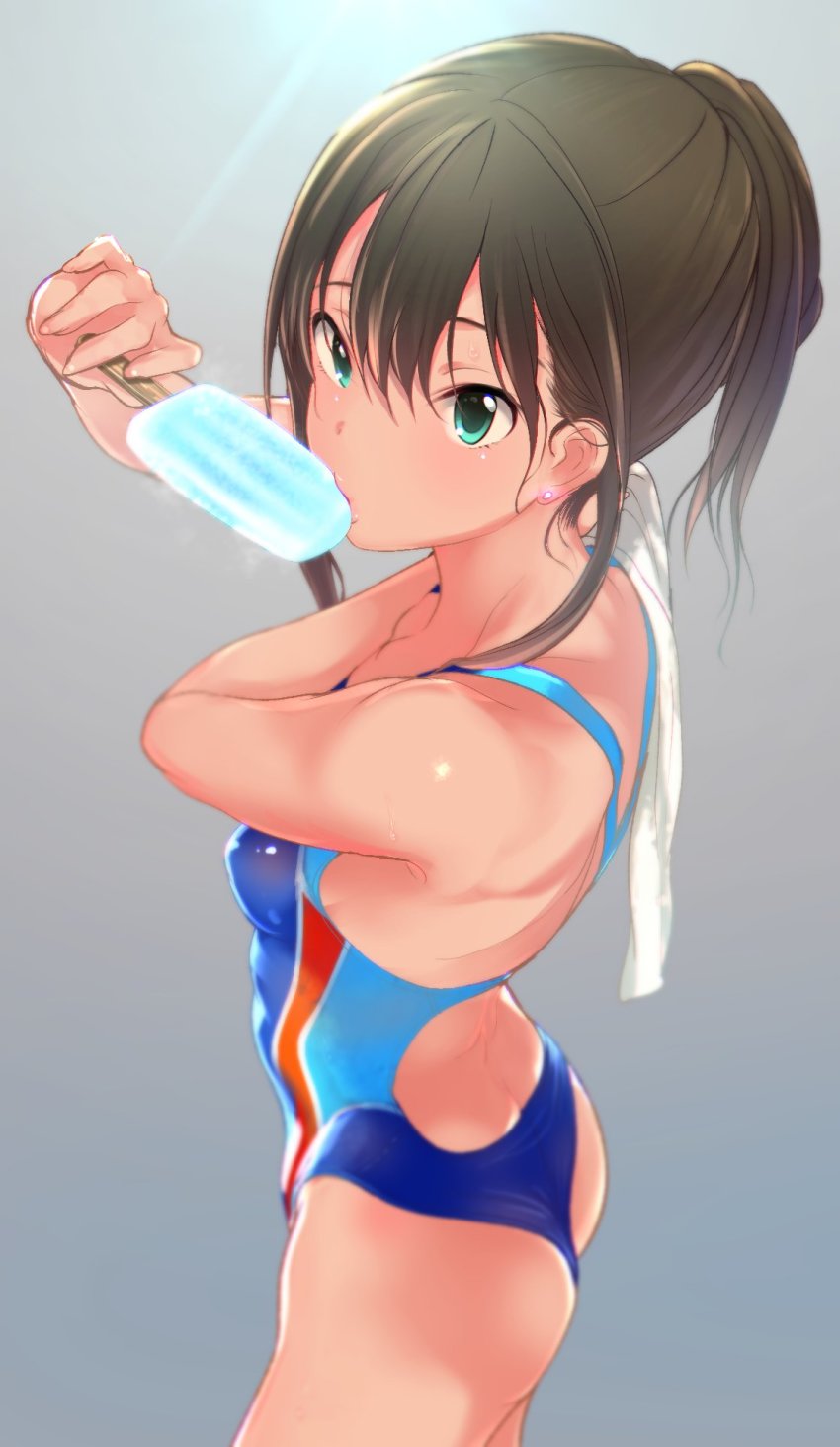 10s, 1girl, blush, competition_swimsuit, cosplay, double_bun, earrings, female_focus, food, green_eyes, hair_bun, highres, idolmaster, idolmaster_cinderella_girls, idolmaster_cinderella_girls_starlight_stage, jewelry, looking_at_viewer, nitta_minami, nitta_minami_(cosplay), one-piece_swimsuit, popsicle, q_(ed69), shibuya_rin, solo, swimsuit, towel