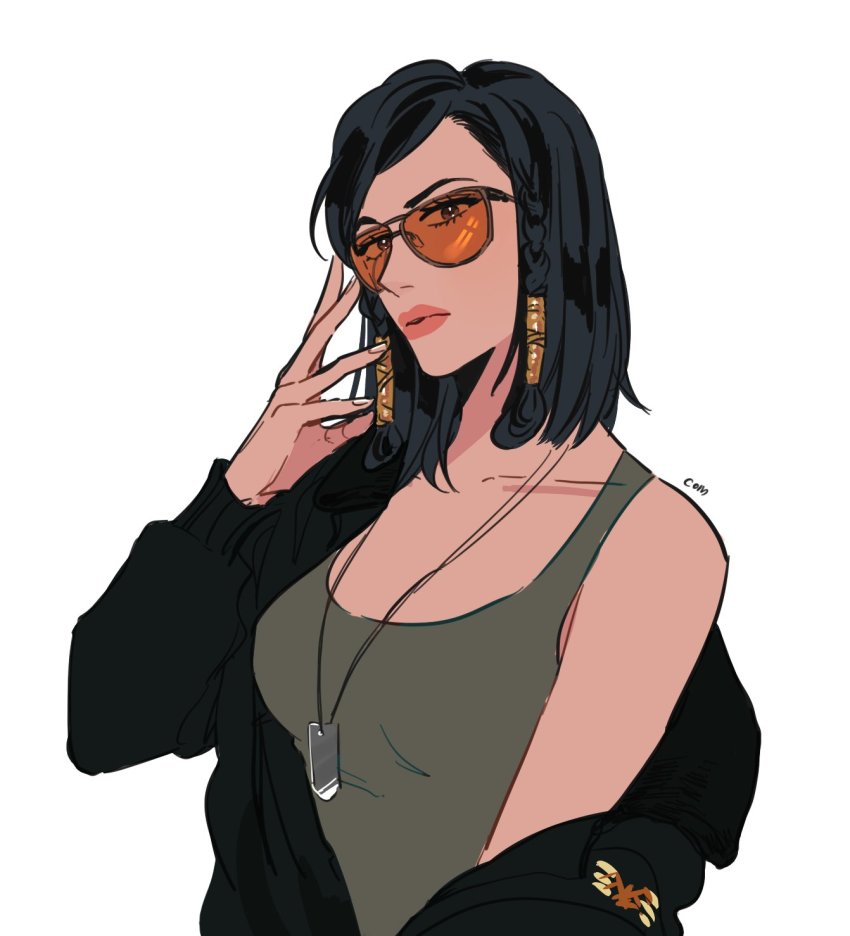 1girl, adjusting_eyewear, artist_name, bare_shoulders, black_hair, black_jacket, braid, breasts, brown_eyes, casual, collarbone, com_(com0107), com_0107, dark-skinned_female, dark_skin, dog_tags, emblem, eye_of_horus, eyelashes, facial_mark, facial_tattoo, female_focus, glasses, hair_tubes, hand_on_eyewear, hand_to_head, highres, jacket, large_breasts, lipstick, makeup, off_shoulder, open_clothes, open_jacket, overwatch, overwatch_1, pharah_(overwatch), short_hair, side_braids, sidelocks, simple_background, solo, sunglasses, tank_top, tattoo, upper_body, white_background