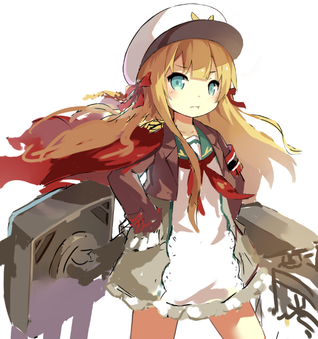1girl, :t, aged_down, armband, blonde_hair, blue_eyes, blush, bow, cannon, cape, deutschland_(warship_girls_r), dress, female_focus, flat_chest, frilled_dress, frills, hair_bow, hair_ribbon, hand_in_pocket, hat, jacket, lino-lin, long_hair, long_sleeves, looking_at_viewer, military, military_hat, military_jacket, military_uniform, open_clothes, open_jacket, red_bow, red_cape, red_ribbon, ribbon, rigging, sailor_collar, sailor_dress, ship_turret, simple_background, solo, standing, unfinished, warship_girls_r, white_background, white_hat