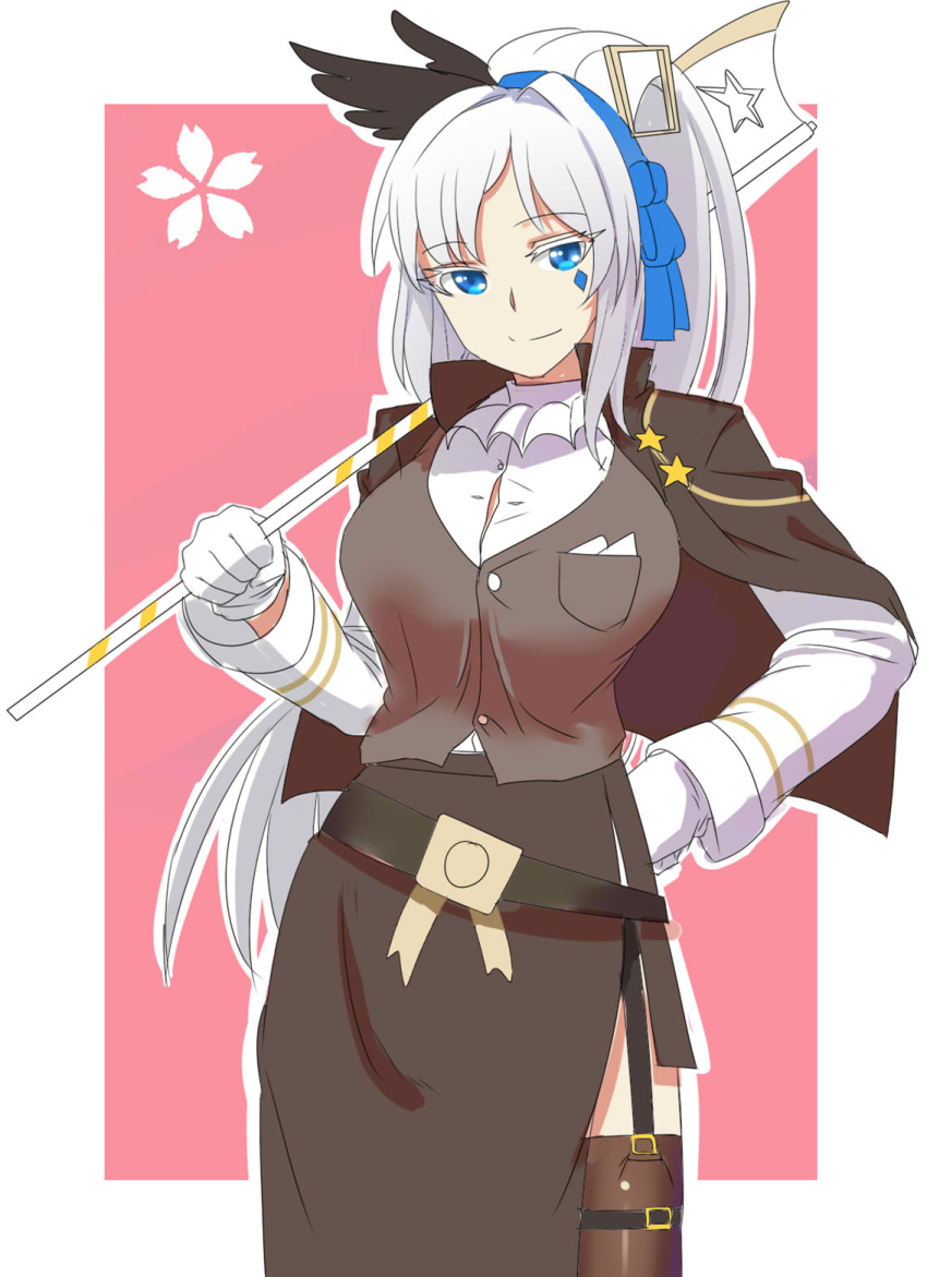 1girl, axe, bad_id, bad_pixiv_id, belt, blue_eyes, breasts, brown_thighhighs