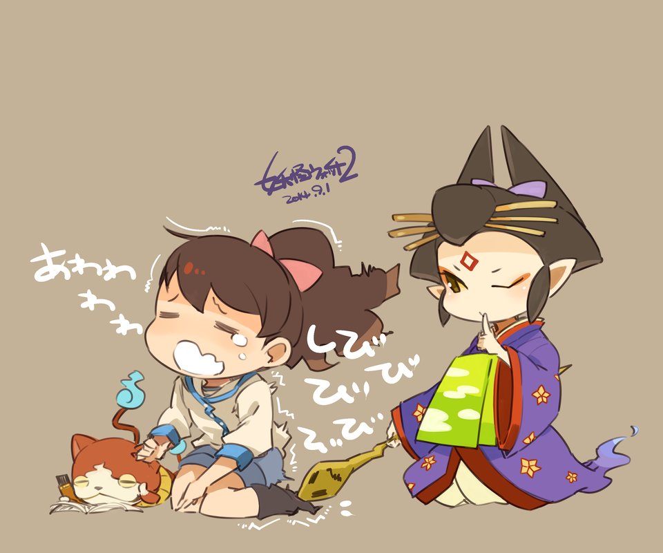 10s, 2girls, brown_hair, candy, candy_bar, cat, chocoboo, closed_eyes