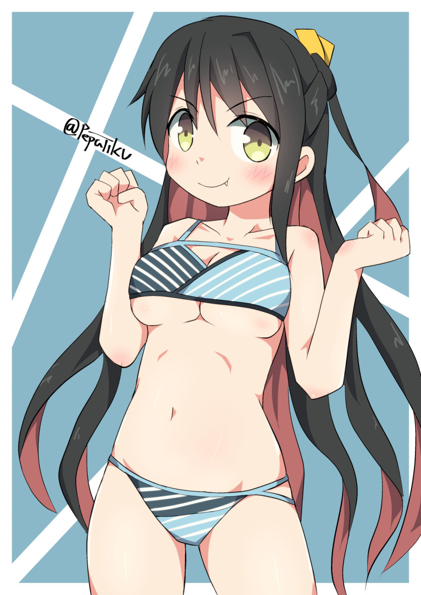 10s, 1girl, bikini, black_hair, breasts, fang, highres, kantai_collection