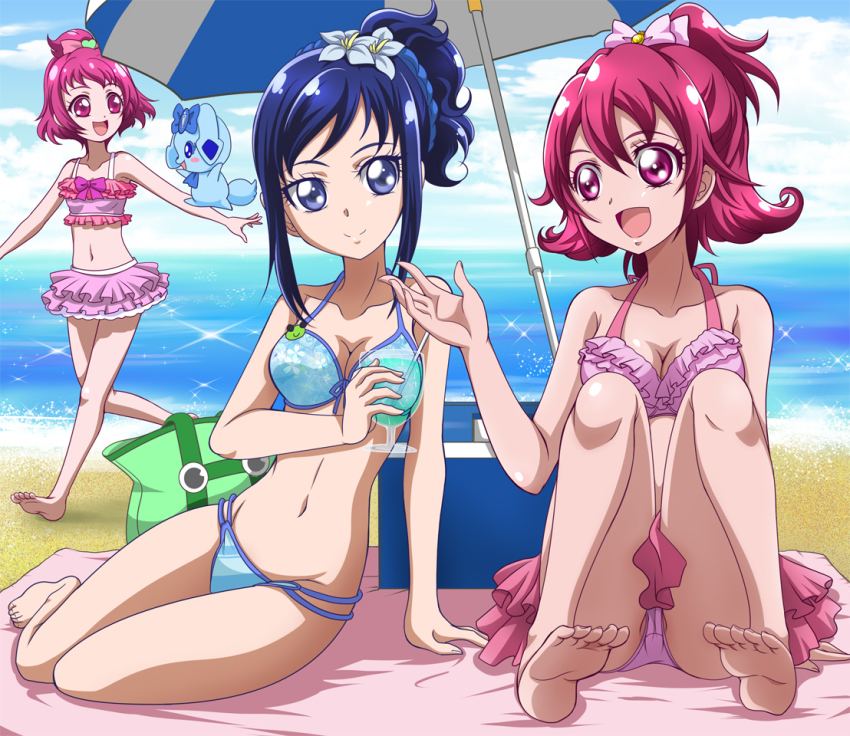 3girls, aida_mana, bag, barefoot, beach, beach_umbrella, bikini, blue_eyes