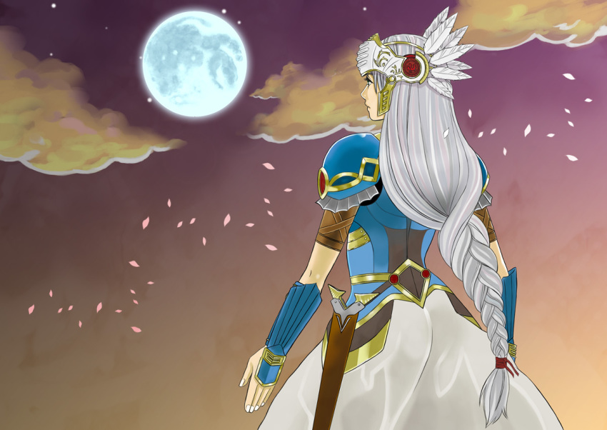 1girl, armor, armored_dress, blue_armor, braid, dress, female_focus, from_behind, full_moon, itoda_(spica), lenneth_valkyrie, long_hair, low-braided_long_hair, low-tied_long_hair, moon, night, petals, silver_hair, solo, valkyrie, valkyrie_profile_(series), valkyrie_profile_1, very_long_hair