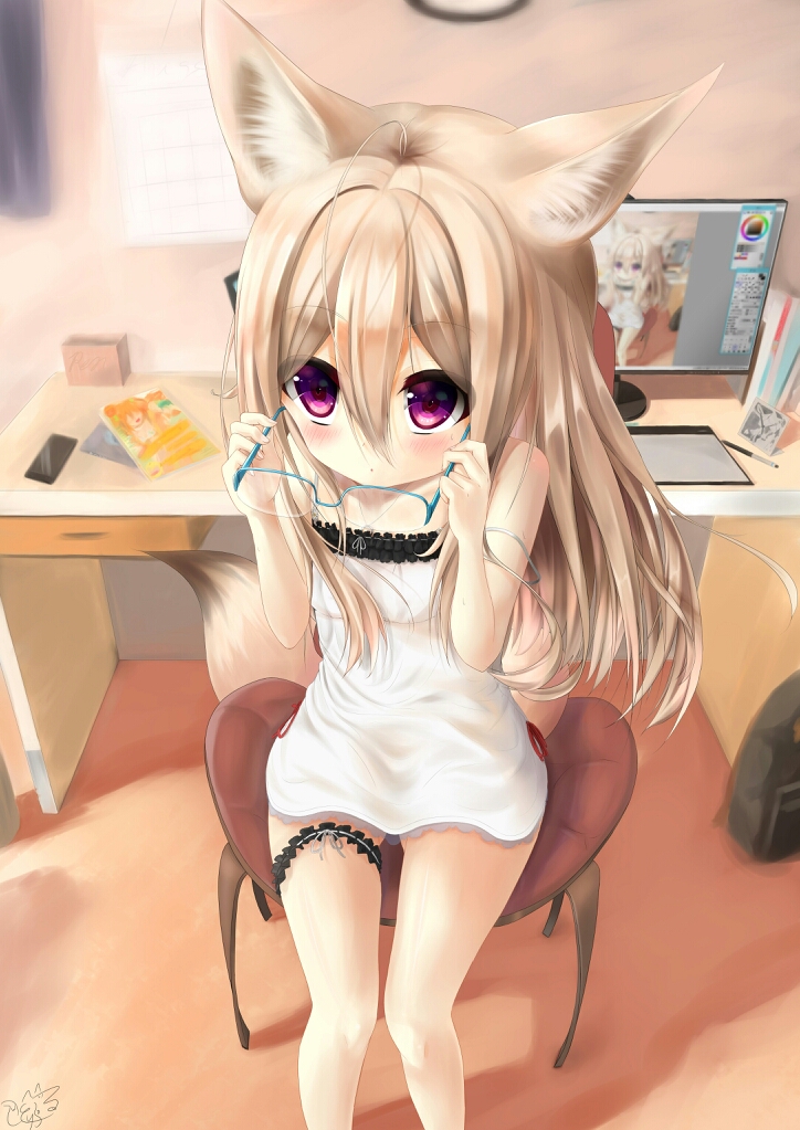 1girl, animal_ears, antenna_hair, aqua-framed_glasses, bad_id, bad_pixiv_id, brown_hair, cellphone, desk, dress, female_focus, fox_ears, fox_tail, frilled_thigh_strap, glasses, hair_between_eyes, holding, holding_removed_eyewear, long_hair, magazine_(object), monitor, original, over-rim_eyewear, pen, phone, purple_eyes, recursion, ribbon-trimmed_dress, ribbon_trim, semi-rimless_eyewear, signature, sitting, sleeveless, sleeveless_dress, smartphone, solo, strap_slip, sundress, tail, thigh_strap, toripuru, unworn_eyewear, very_long_hair, wacom, white_dress