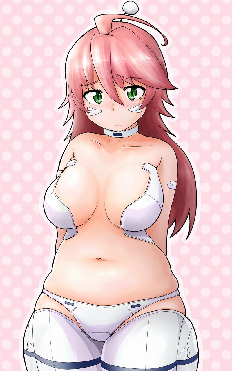 1girl, ahoge, arms_behind_back, blush, breasts, breasts_apart, closed_mouth, collar, collarbone, cowboy_shot, female_focus, green_eyes, hair_between_eyes, head_tilt, highres, huge_breasts, kemeko_deluxe, long_hair, looking_at_viewer, mm_(kemeko_deluxe), navel, panties, pink_background, pink_hair, plump, polka_dot, polka_dot_background, shigekikkusu, solo, underwear, white_panties