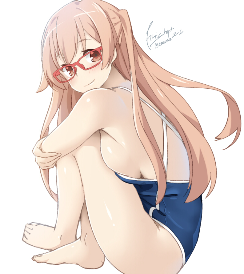 10s, 1girl, breasts, brown_eyes, brown_hair, female_focus, glasses, large_breasts, long_hair, school_swimsuit, shiraishi_(tanakeda), sideboob, simple_background, sitting, smile, solo, swimsuit, tanaka-kun_wa_itsumo_kedaruge, tilt-shift_(azalanz), two_side_up, white_background