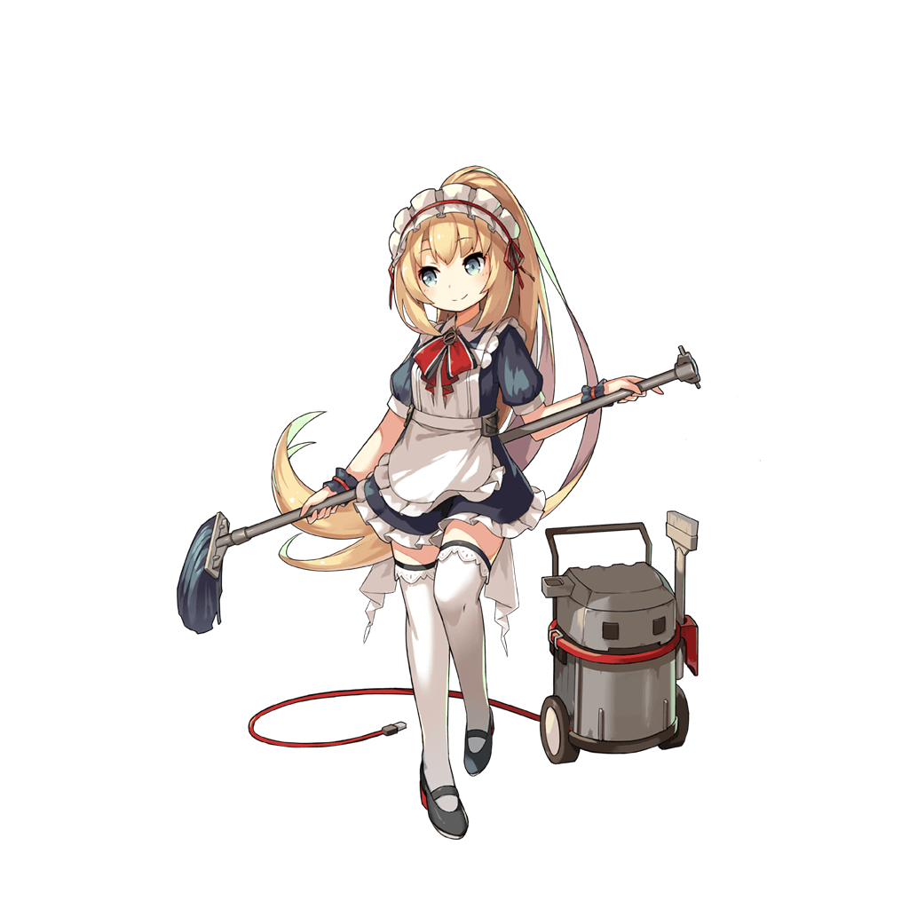 alternate_costume, alternate_hairstyle, apron, black_shoes, blonde_hair, blue_eyes, blush, closed_mouth, deutschland_(warship_girls_r), dress, enmaided, eyebrows, frilled_apron, frilled_dress, frills, full_body, holding, leg_lift, lino-lin, long_hair, looking_to_the_side, maid, maid_apron, maid_headdress, mop, official_art, pigeon-toed, ponytail, puffy_short_sleeves, puffy_sleeves, red_ribbon, ribbon, shoes, short_sleeves, smile, standing, standing_on_one_leg, thighhighs, transparent_background, vacuum_cleaner, very_long_hair, warship_girls_r, wheel, white_apron, white_thighhighs, wristband, zettai_ryouiki