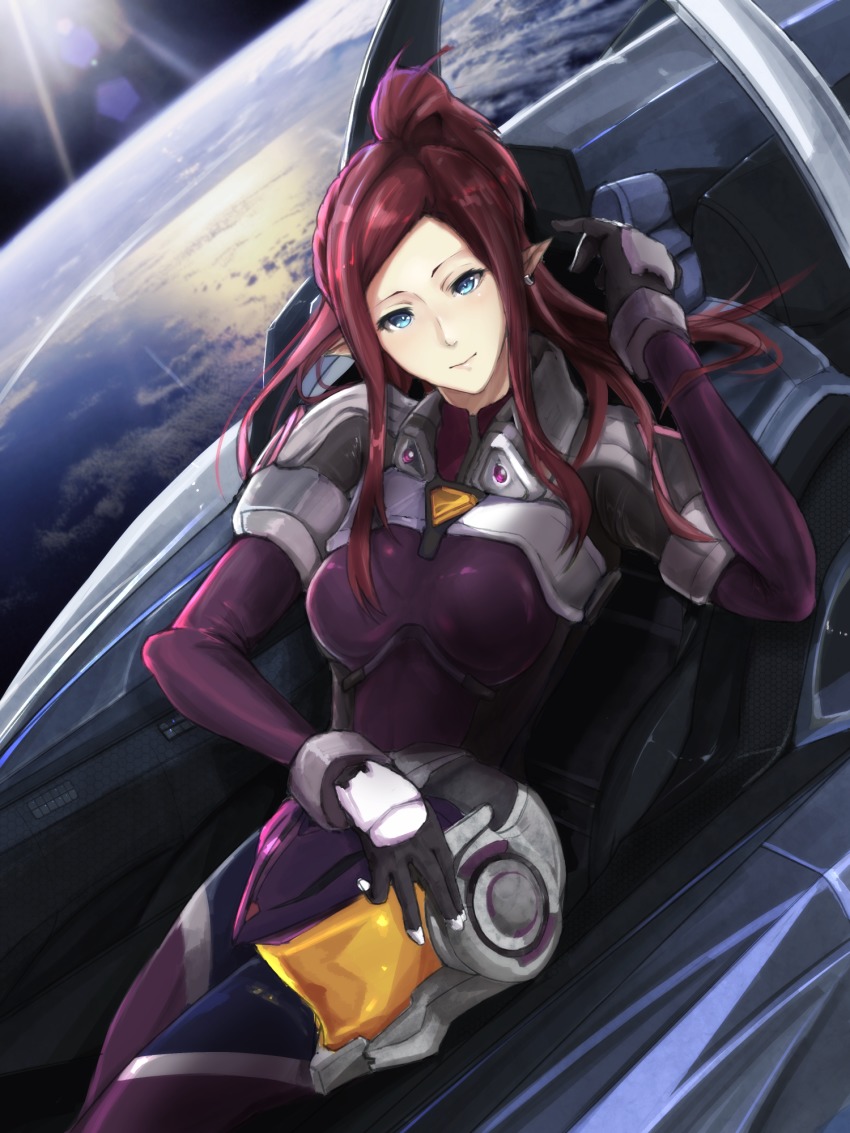10s, 1girl, armor, blue_eyes, bodysuit, cockpit, earrings, earth_(planet)