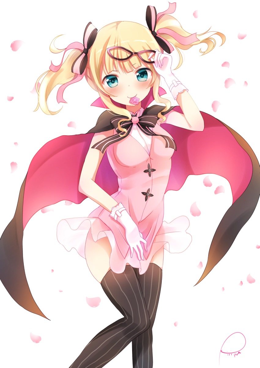 1girl, april_fools, aqua_eyes, black_thighhighs, blonde_hair, blush, cape, condom