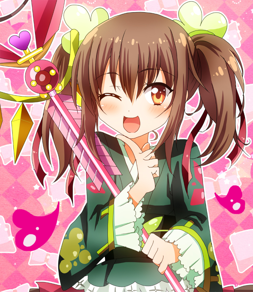 1girl, ;d, argyle_background, argyle_clothes, brown_eyes, brown_hair, female_focus, finger_to_mouth