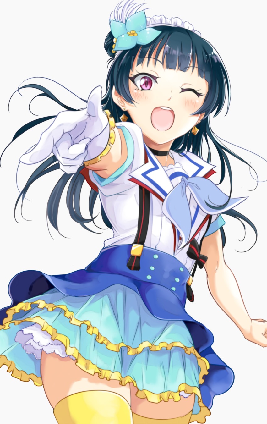 10s, 1girl, ;d, aozora_jumping_heart, blue_hair, blush, female_focus, finger_gun