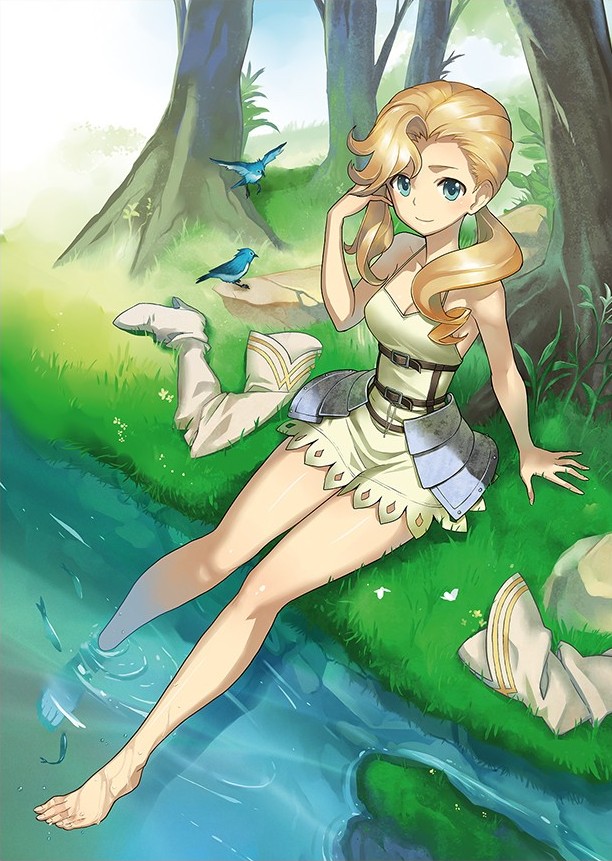 1girl, animal, armor, bare_legs, barefoot, bird, blonde_hair, blue_eyes, boots, dress, feet, female_focus, forest, grand_kingdom, grass, green_eyes, legs, lillia_sforza, long_hair, nature, official_art, river, shoes, solo, toes, twintails, unworn_boots, unworn_shoes, water