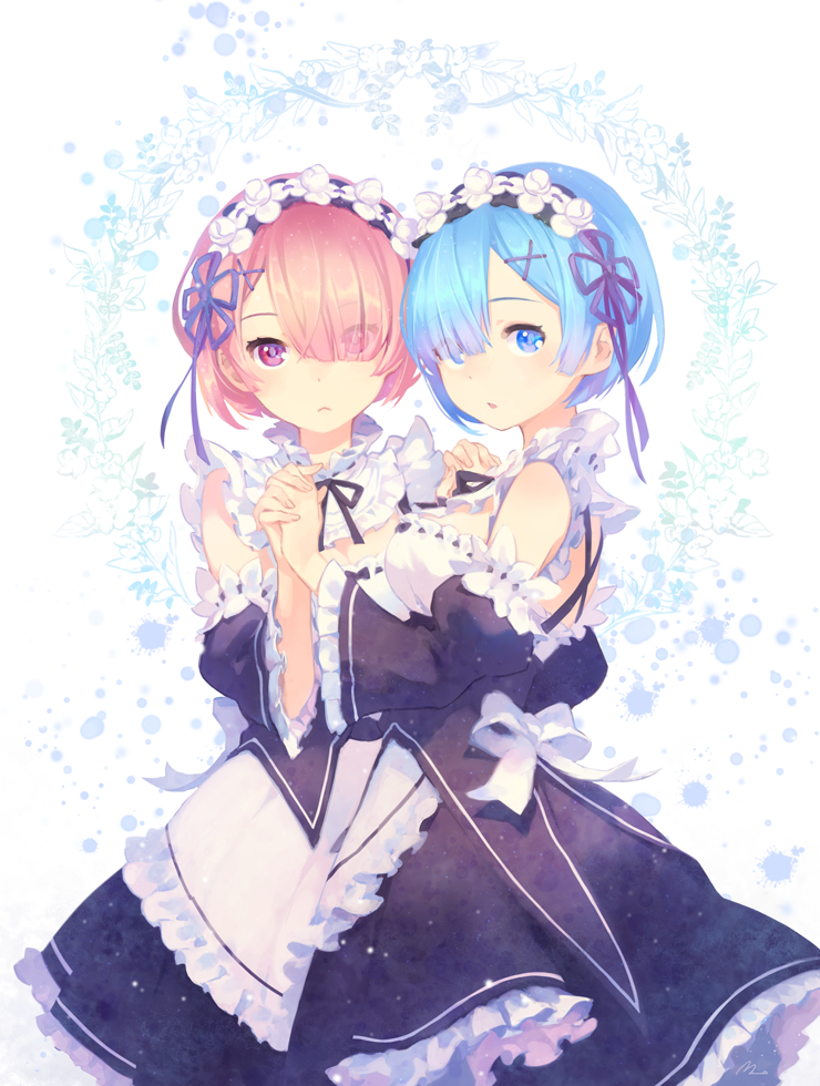 10s, 2girls, blue_eyes, blue_hair, breasts, cleavage, detached_sleeves, eyes_visible_through_hair