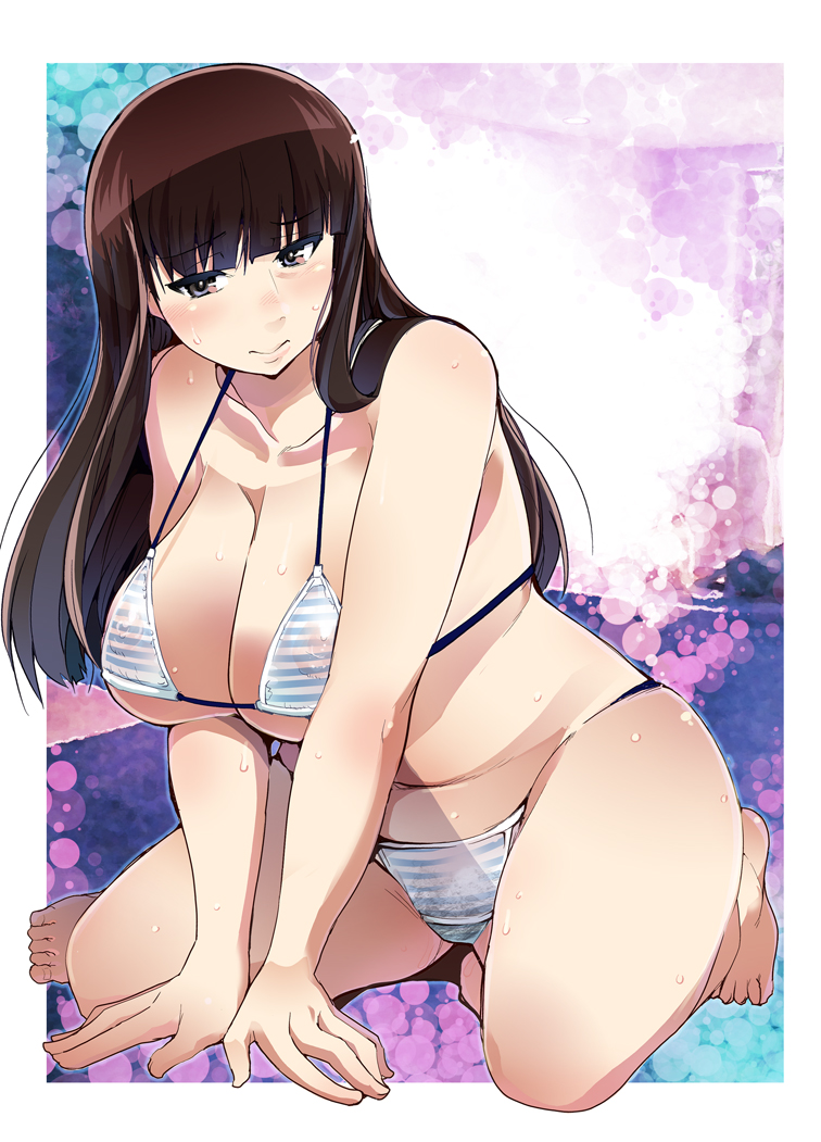 10s, 1girl, arm_support, bikini, blue_bikini, blunt_bangs, blush, breasts