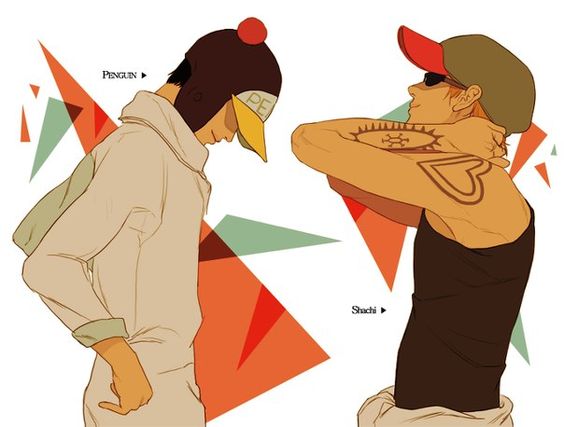 2boys, artist_request, character_name, earflap_hat, glasses, hat, hat_pom_pom, heart_pirates, heat, jumpsuit, male_focus, multiple_boys, one_piece, penguin_(one_piece), pom_pom_(clothes), shachi_(one_piece), source_request, sunglasses, tank_top, tattoo