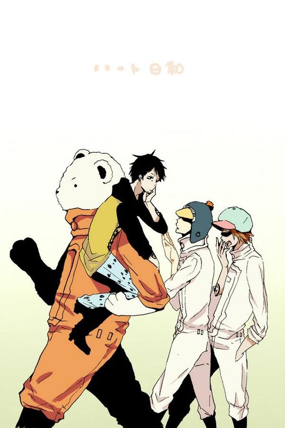 4boys, artist_request, bear, bepo_(one_piece), boiler_suit, boots, brown_hair, carrying, denim, earflap_hat, glasses, gradient_background, hand_on_own_face, hat, hat_pompom, hood, hoodie, jeans, jumpsuit, male_focus, multiple_boys, one_piece, pants, penguin_(one_piece), pom_pom_(clothes), raglan_sleeves, shachi_(one_piece), source_request, sunglasses, tattoo, trafalgar_law, walking, yawning